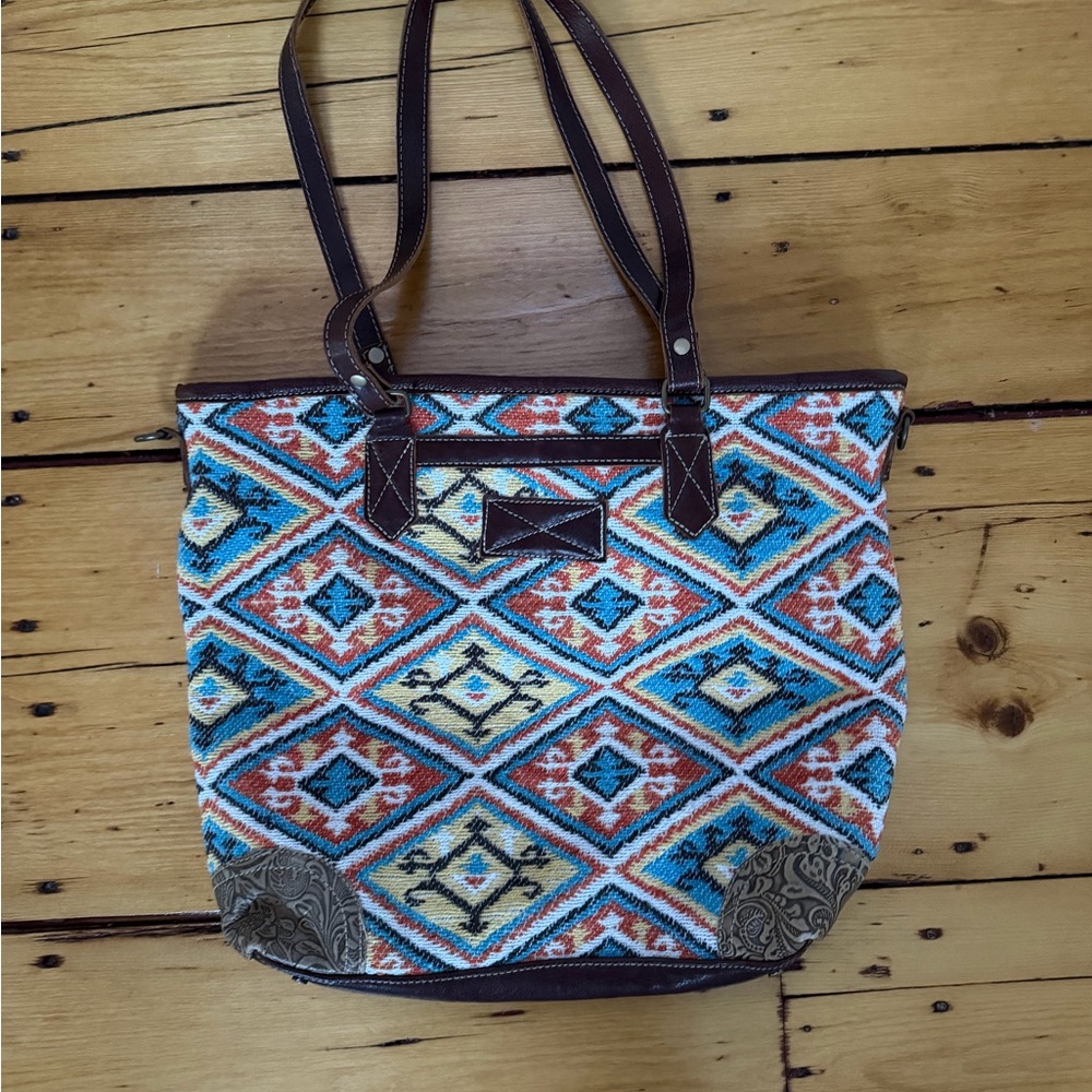 Myra Bag Multicolor Patterned Tote with Brown Accents